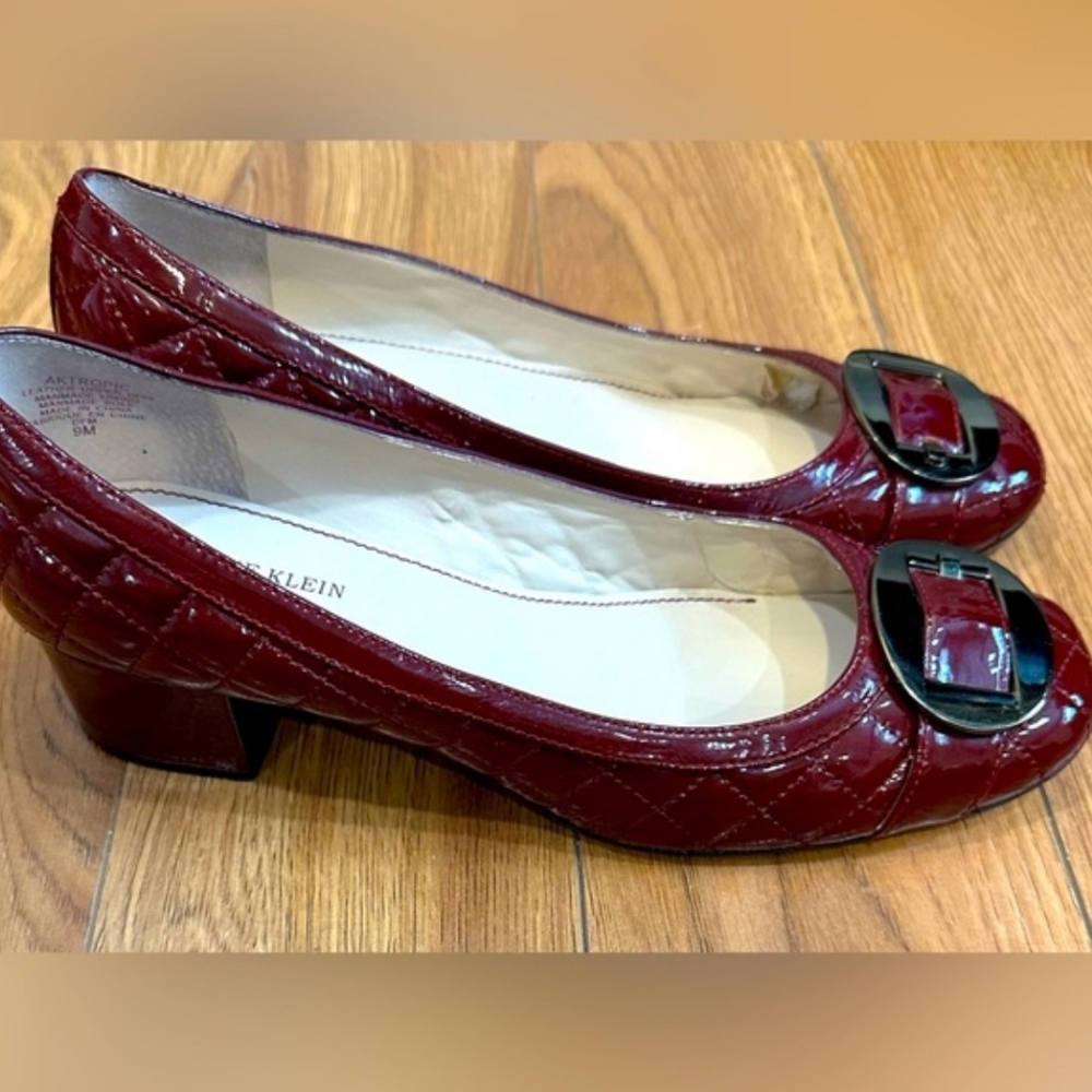 Anne Klein Burgundy Patent Quilted Low Block Heel Pumps with Buckle - Picture 2 of 11